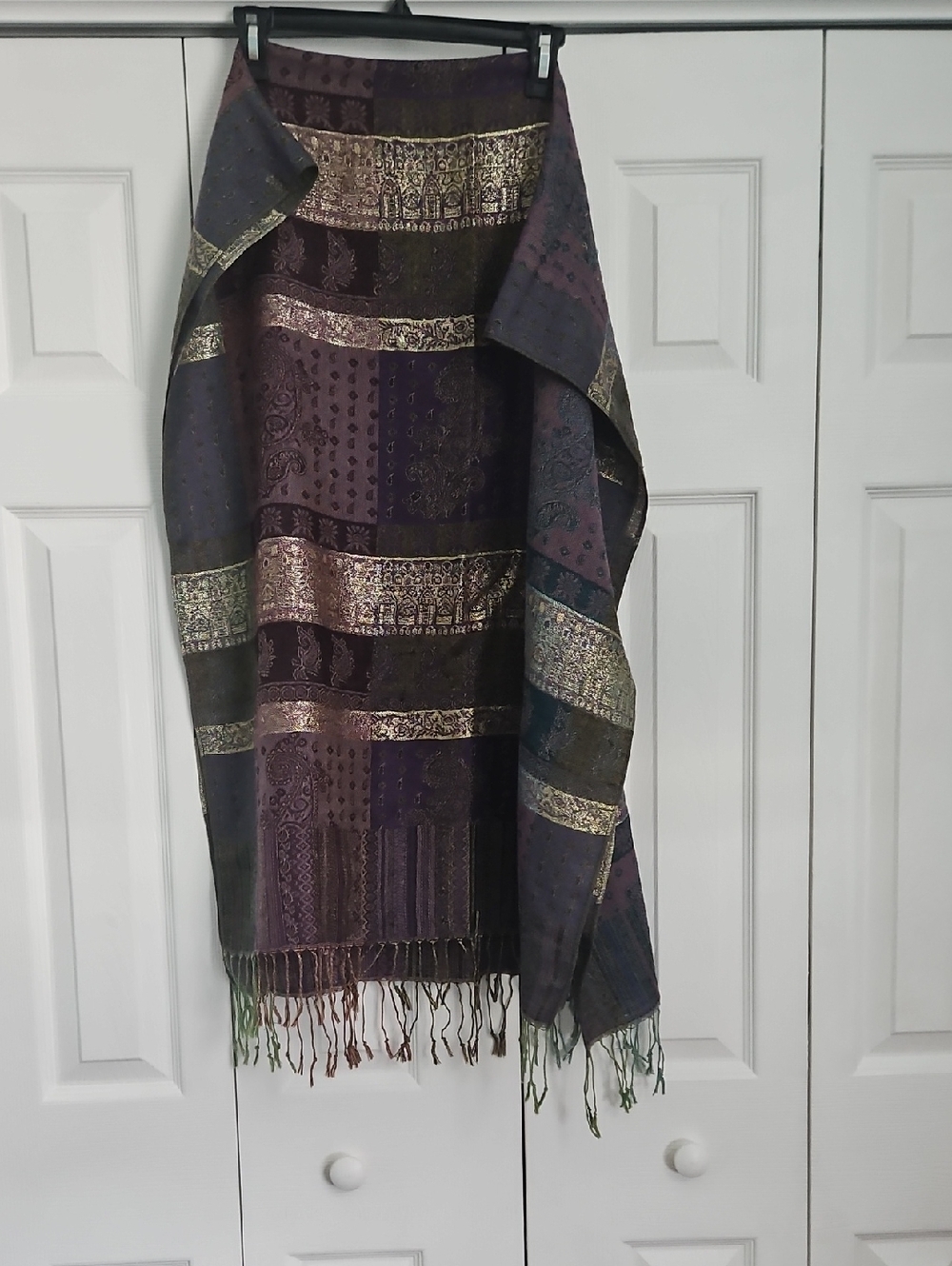Purple, Gold, Blue And Green Paisley-Striped Pashmina Wrap GORGEOUS pattern
